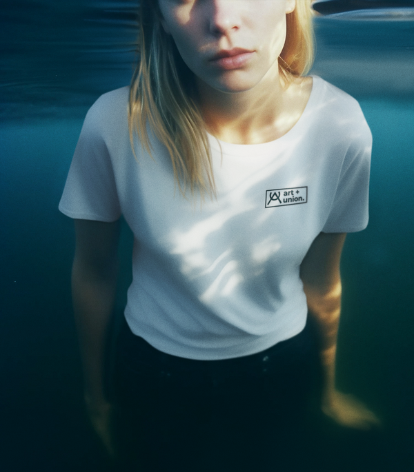 art and union basic white t-shirt, woman in water